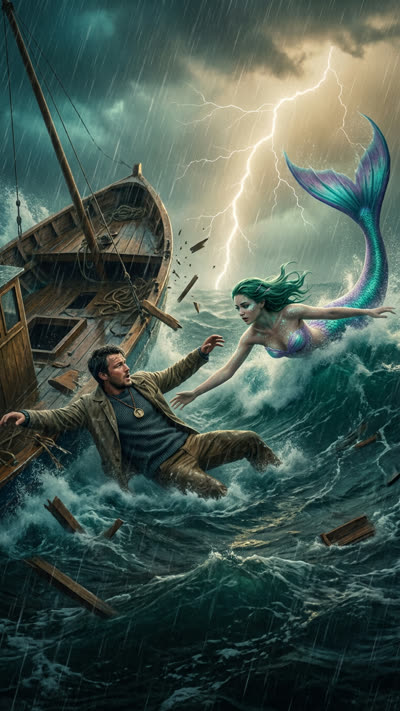 The Pearl Mermaid Bride key art — a mermaid beside a wrecked boat in a storm