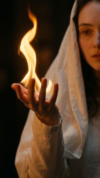 The fire curls around her hand