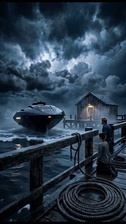 Starfall key art — a black craft risen from the bay, watched from the dock